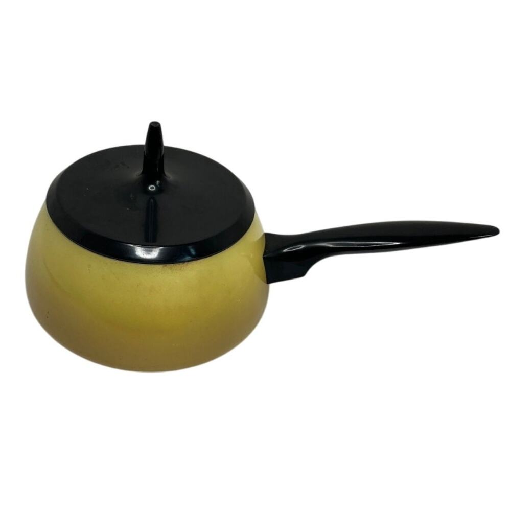 MCM Sauce Pan Pot Yellow Enamel with Black Lid Vtg